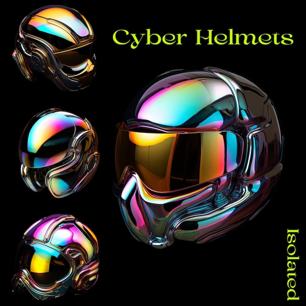 PSD cyber helmets iridescent y2k style isolated