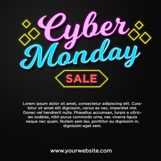 Cyber monday banner sale in neon style text effect