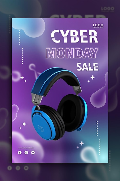 PSD cyber monday lichtblauwe en blauwe koptelefoon psd gradiënt paars en roze met abstracte vorm concept