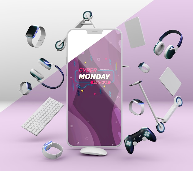 PSD cyber monday sale arrangement with mobile phone mock-up