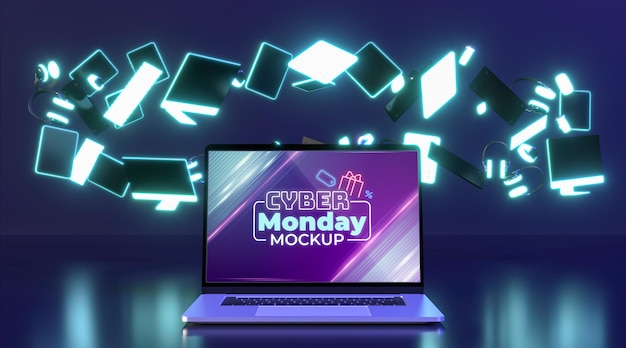 PSD cyber monday sale assortment with laptop mock-up