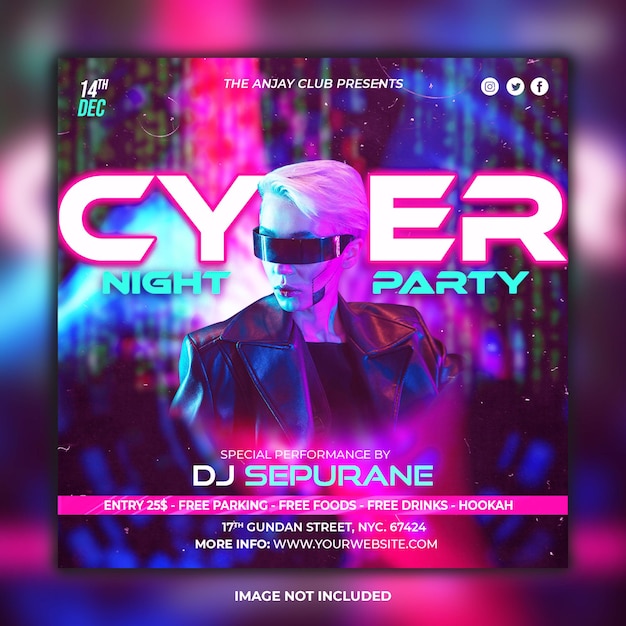 cyber night party club dj flyer social media post en bannersjabloon