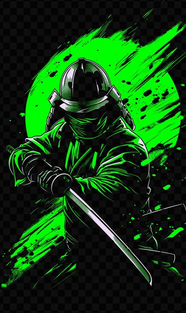 PSD cyber samurai with a plasma katana in a dueling pose focused tshirt design art tattoo ink outlines