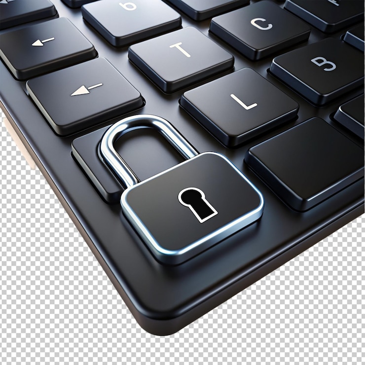 PSD cyber security black futuristic keyboard on transparent background