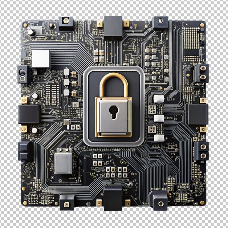 PSD cyber security black futuristic motherboard on transparent background