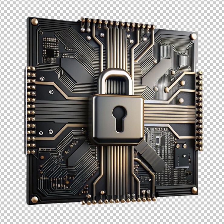 PSD cyber security black futuristic motherboard on transparent background