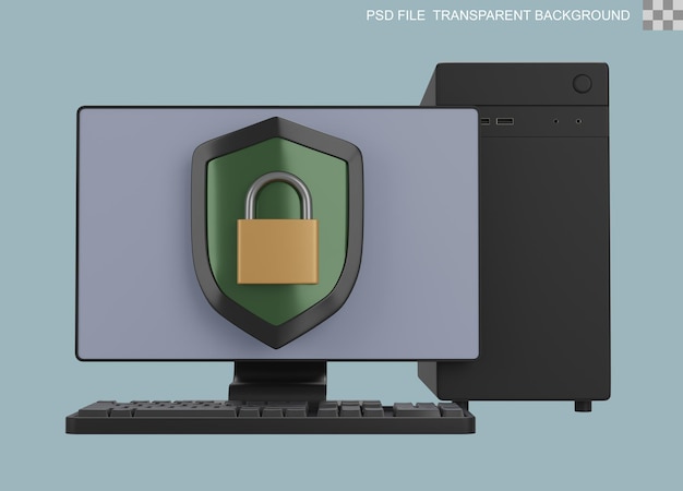 PSD computer di sicurezza informatica con scudo e lucchetto rendering 3d