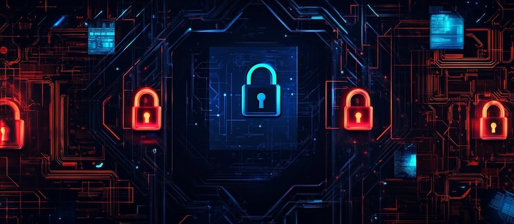 PSD cyber security concept glowing padlock icons on a circuit board background