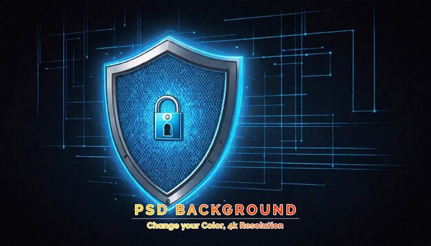 PSD cyber security concept shield with keyhole icon on digital data background