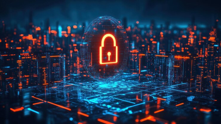PSD cyber security digital lock protecting futuristic cityscape