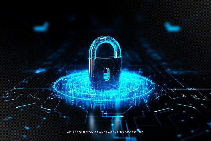 PSD cyber security lock technology global network digital data protection on transparent background