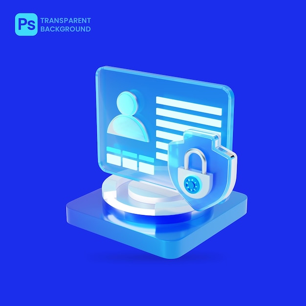 PSD cyber security of web user interface and blue glass padlock 3d icon