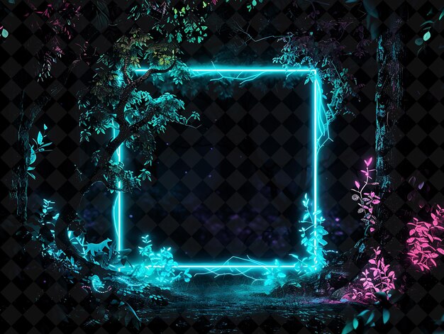 PSD cybernetic forest arcane frame with digital trees and neon a neon color frame y2k art collection