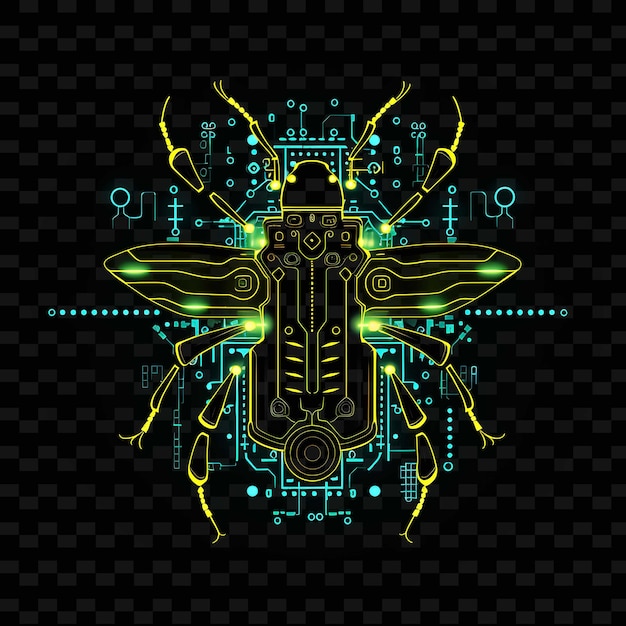 PSD cybernetic insect borderline design neon lines style robotic png y2k shapes transparent light arts