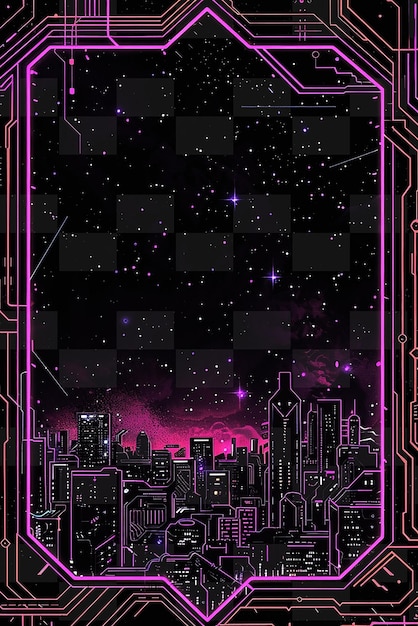 PSD cyberpunk frame art с неоновым городским пейзажем и схемами de y2k shape creative signboard decor