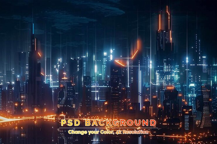 PSD 网络朋克未来城市全景 未来小说与<unk>虹标志和灯光