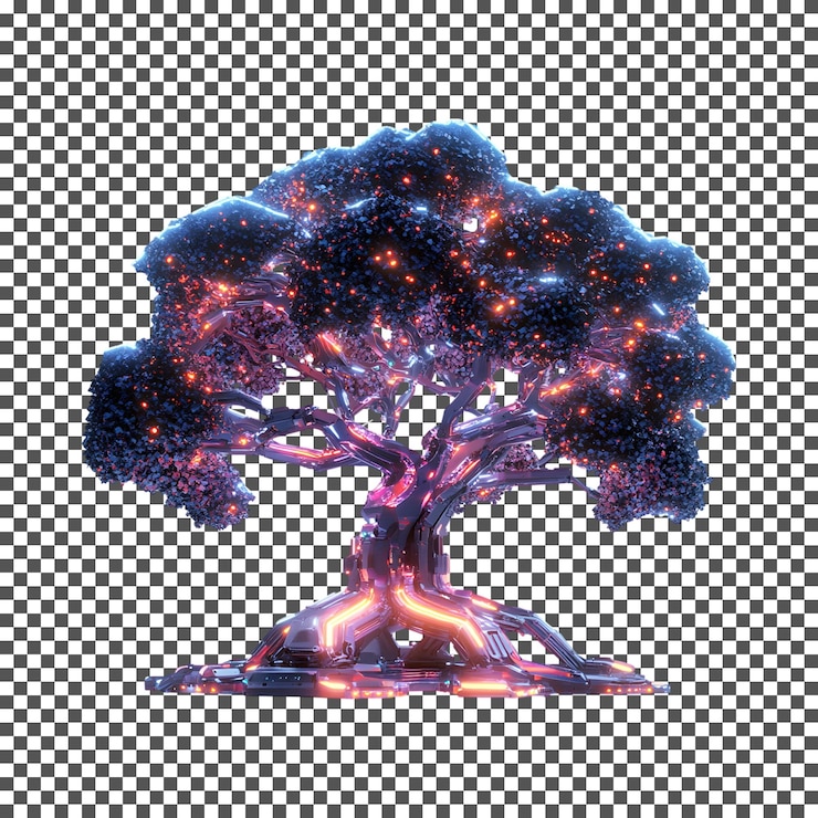 PSD cyberpunk glowing tree isolated on transparent background