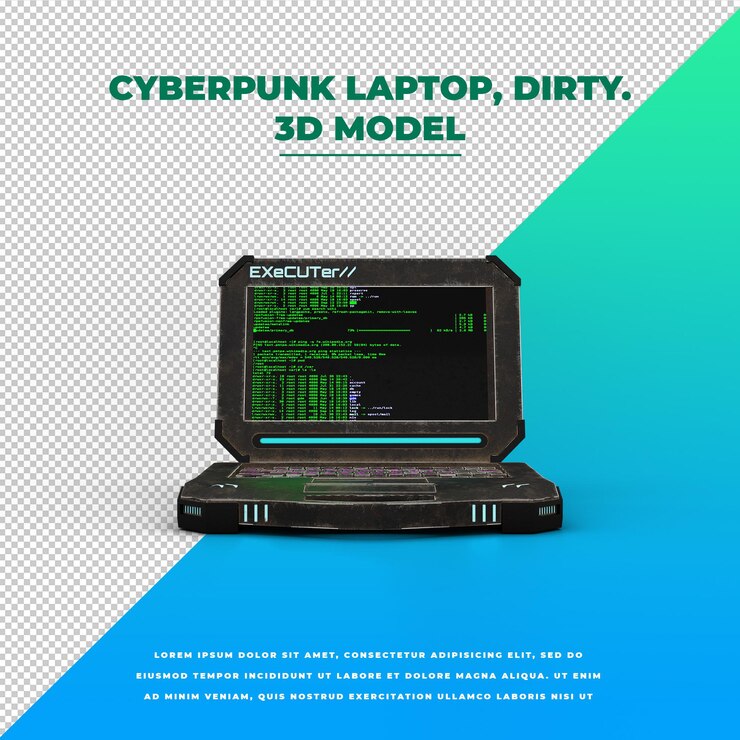 PSD cyberpunk hacker laptop dirty