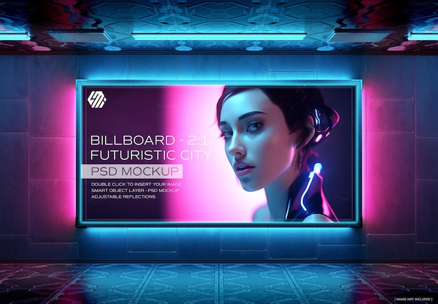 Cyberpunk panoramic billboard in futuristic city mockup