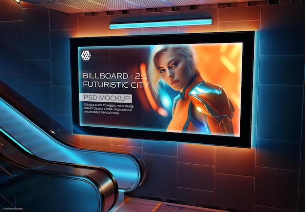 PSD cyberpunk panoramic billboard in futuristic underground mockup