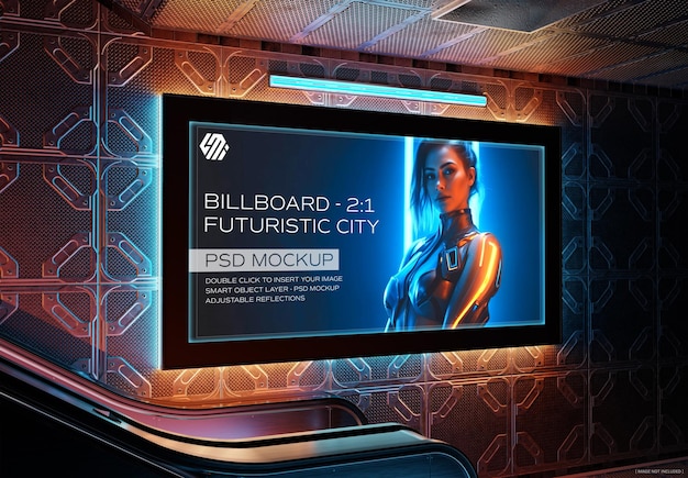 PSD cyberpunk panoramic billboard in futuristic underground mockup