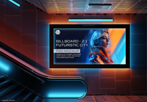 PSD cyberpunk panoramisch reclamebord in futuristisch ondergronds mockup