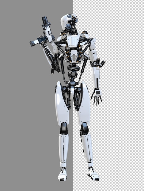 PSD robot cyberpunk che tiene pistola isolato rendering 3d