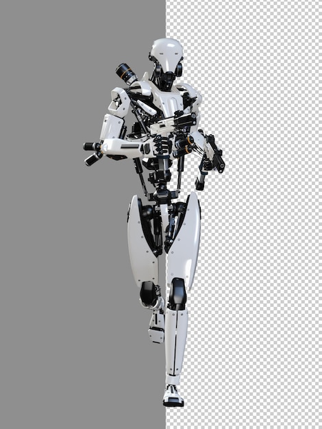 PSD robot cyberpunk che tiene pistola isolato rendering 3d