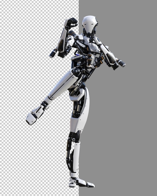 PSD robot cyberpunk con posa muay thai isolato rendering 3d