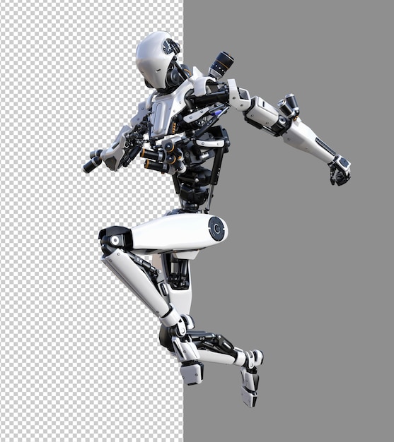 PSD robot cyberpunk con posa muay thai isolato rendering 3d