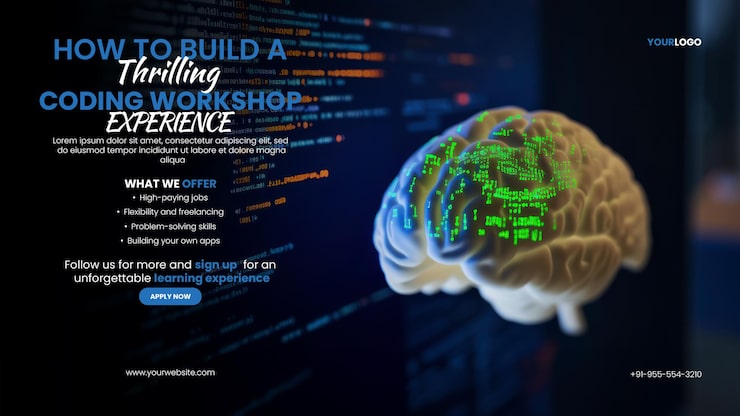 PSD cybersecurity coding web coding banner template with digital human brain next to a virtual computer screen with code and data