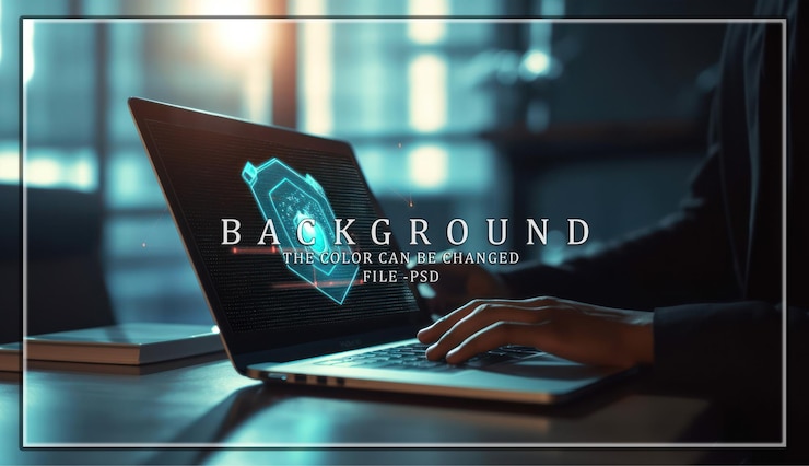 PSD cybersecurity concept hands typing on laptop with digital shield icon
