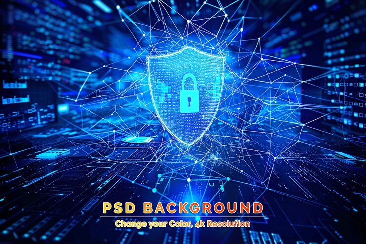 PSD cybersecurity concept shield with keyhole icon on digital data background