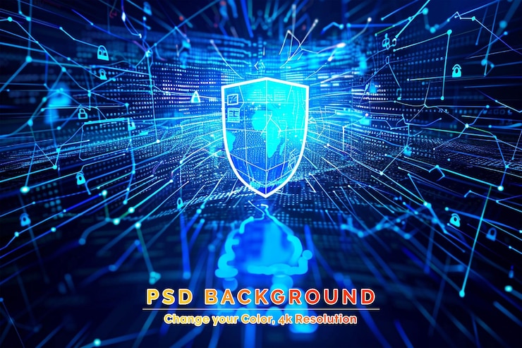 PSD cybersecurity concept shield with keyhole icon on digital data background