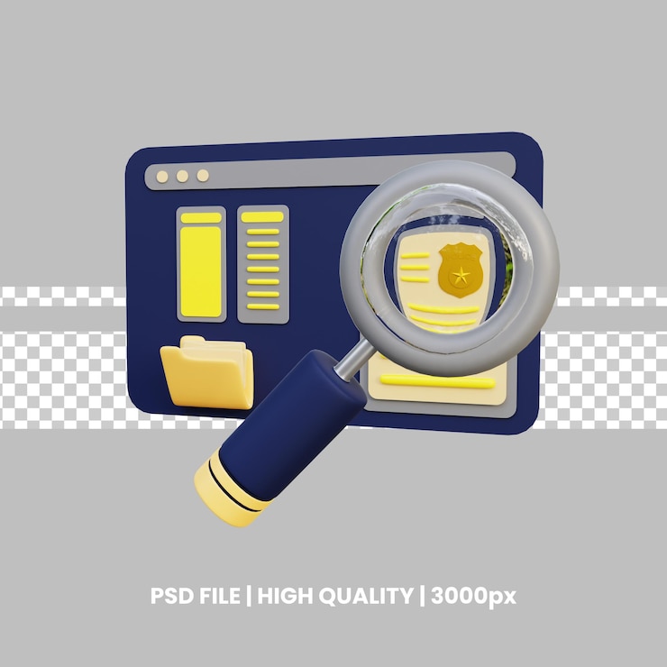 PSD cybersecurity investigation 3d render of magnifying glass over digital police badge
