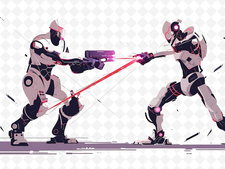 PSD cyborg characters fighting in a futuristic war design is hig flat illustration festival theme art
