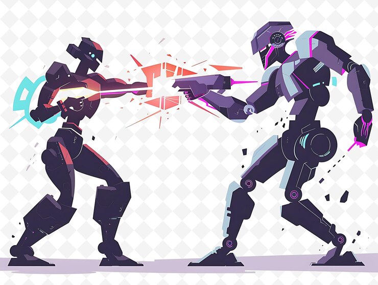 PSD cyborg characters fighting in a futuristic war design is hig flat illustration festival theme art