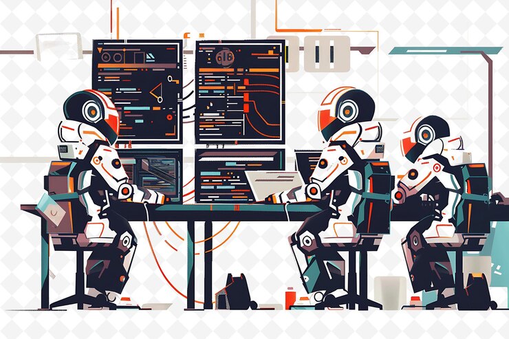 PSD cyborg characters hacking into a mainframe design is high te flat illustration festival theme art