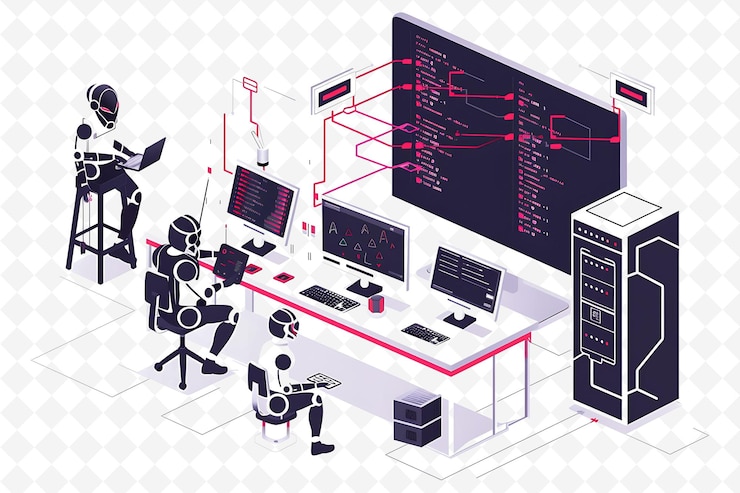 PSD cyborg characters hacking into a mainframe design is high te flat illustration festival theme art
