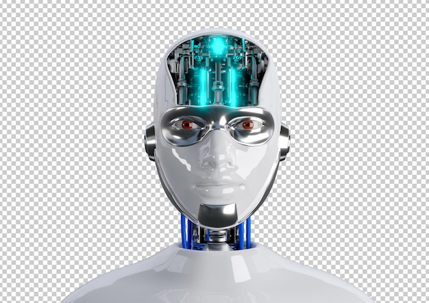 PSD cyborg face humanoid woman covered with isolated