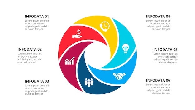 PSD 6つのセクターに分割されたサイクル図6つのステップまたはビジネスインフォグラフィックの一部の設計コンセプト