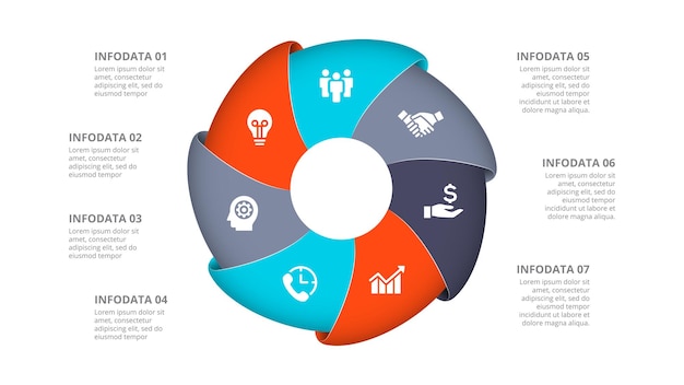 PSD Циклическая диаграмма с 7 вариантами или шагами слайды для бизнес-презентации абстрактная инфографика