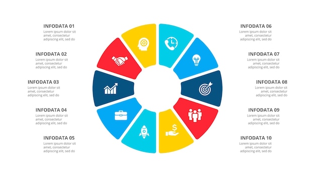 PSD ビジネス プレゼンテーション用の 10 のオプションまたはステップ スライドを含むサイクル インフォ グラフィック ダイアグラム