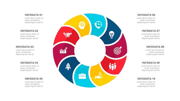 Ciclo di un diagramma infografico con 10 opzioni o passaggi diapositiva per la presentazione aziendale