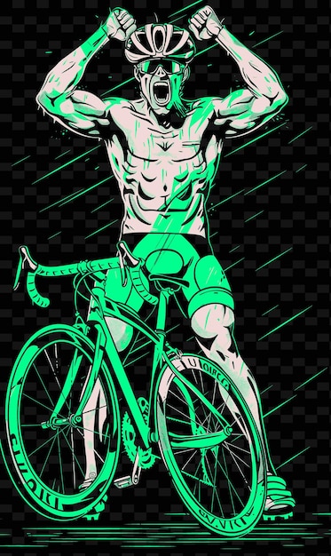 PSD Велосипедист с велосипедом в победоносной позе и эйфорическая иллюстрация flat 2d sport backgrounde