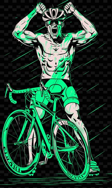 Cyclist holding a bike with a victorious pose and euphoric illustration flat 2d sport backgrounde