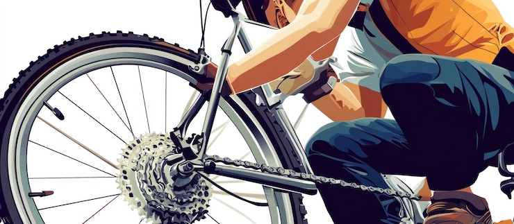 PSD cyclist repairing bicycle chain and gears