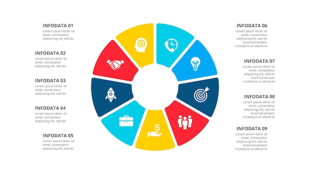 Cyclus infographic diagram met 9 opties of stappen dia voor zakelijke presentatie