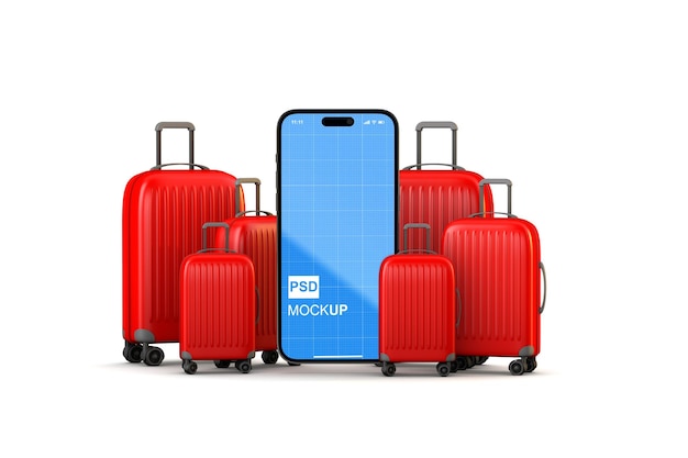 PSD cyfrowa koncepcja podróży z wyświetlaczem makiety smartfona i czerwonymi walizkami
