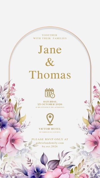 PSD cyfrowe zaproszenie na ślub z różowymi i niebieskimi liśćmi